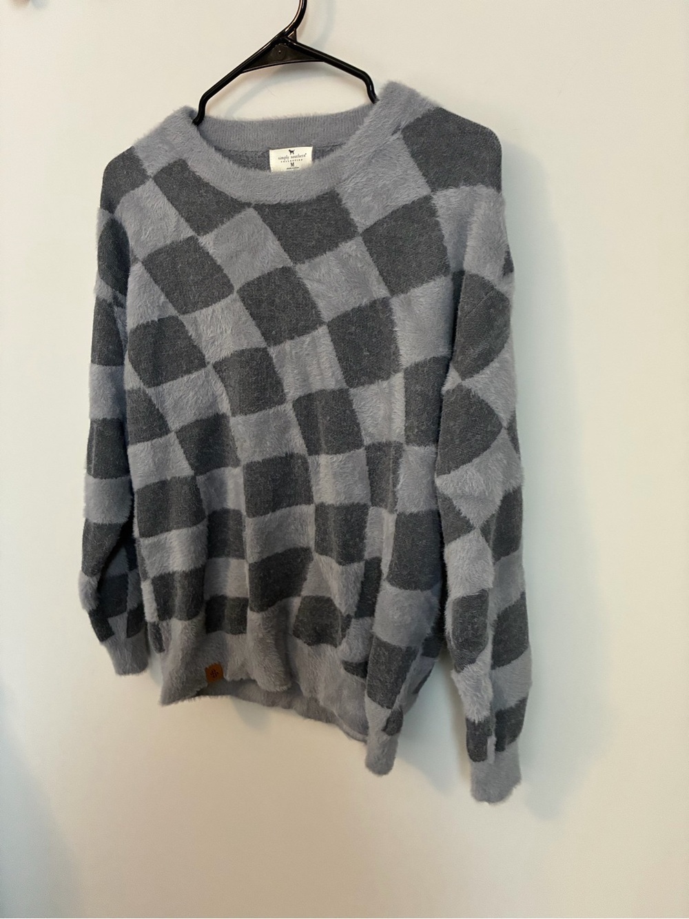 Simply Southern Gray Checkered Fuzzy Sweater Size Medium - Picture 5 of 9